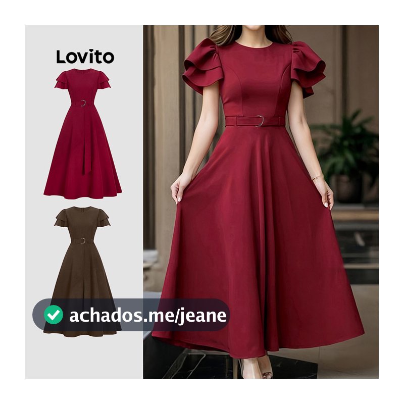 Lovito Babado Elegante Vestido com Cinto de Dupla Camada Primavera/verão Vinho Tinto para mulheres L155ED434