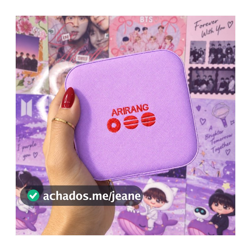 Porta-Joias Purple Arirang BTS Bordado Compacto para Viagem 10x10x5 cm