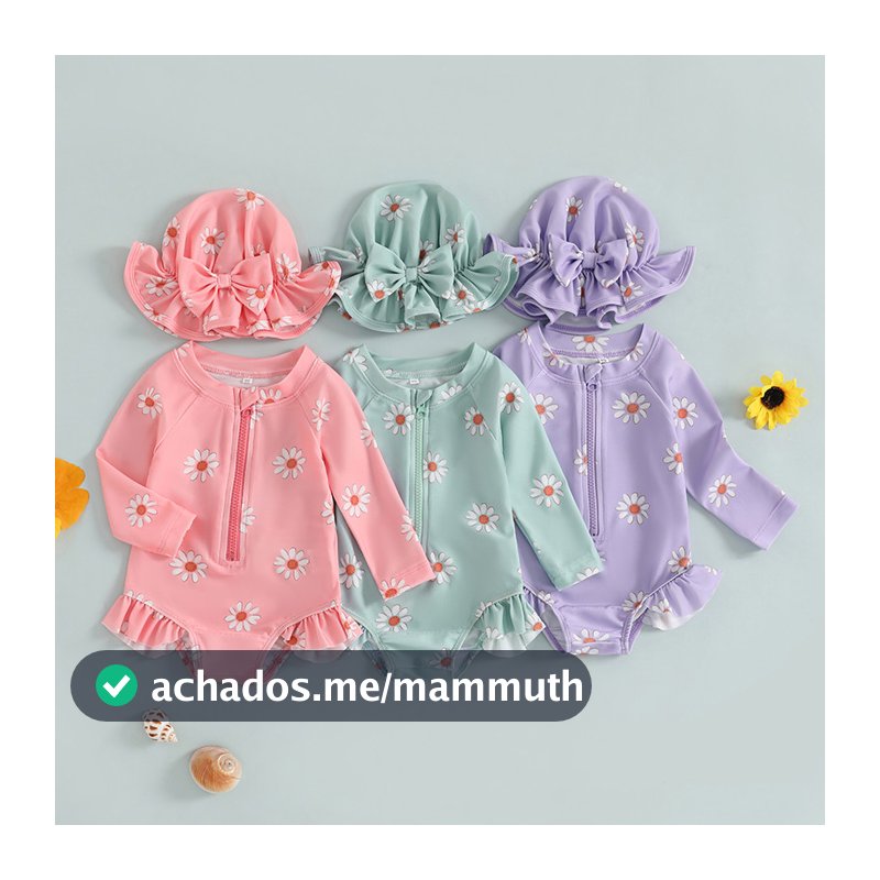 Biquíni Com Zíper E Estampa Floral De Manga Comprida Para Bebês Meninas Chapéu Roupa De Banho Recém-Nascidos