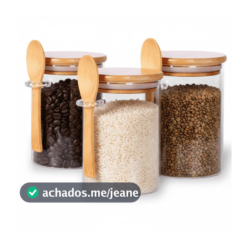 Pote Hermético De Vidro Colher em Bambu 970ml 750ml 550ml Redondo