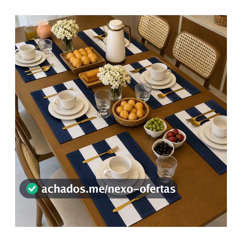 Jogo Americano Completo 12 Peças Listrado Azul Marinho 45cm x 30cm Decoração Cozinha Algodão