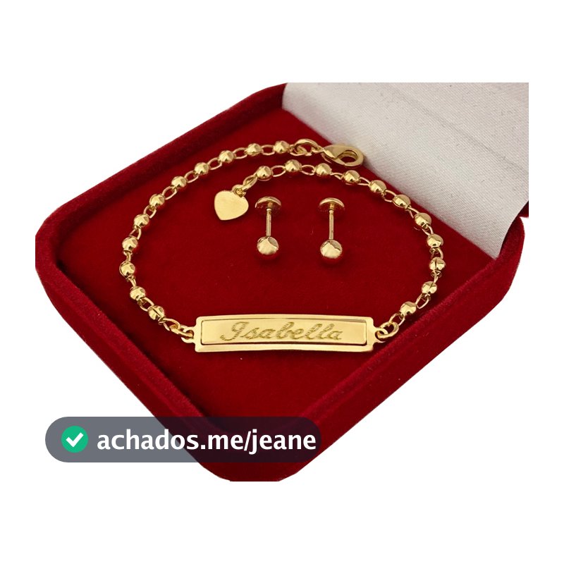 Kit Brinco e Pulseira Nome Infantil Bebê Criança Feminino Folheado a Ouro 18k