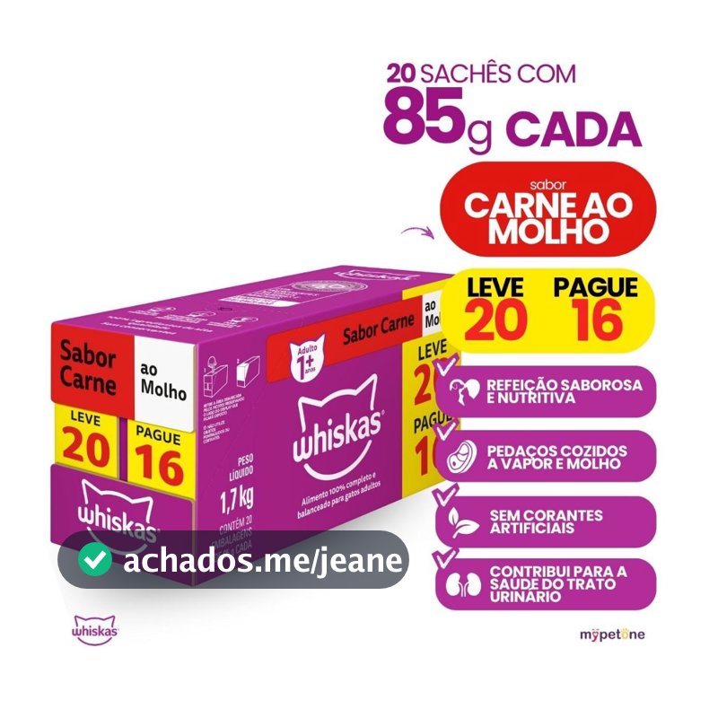 Ração Úmida Whiskas Gatos Adultos Sachê Ao Molho 85g - Caixa Com 20 Unidades Frango Carne e Atum