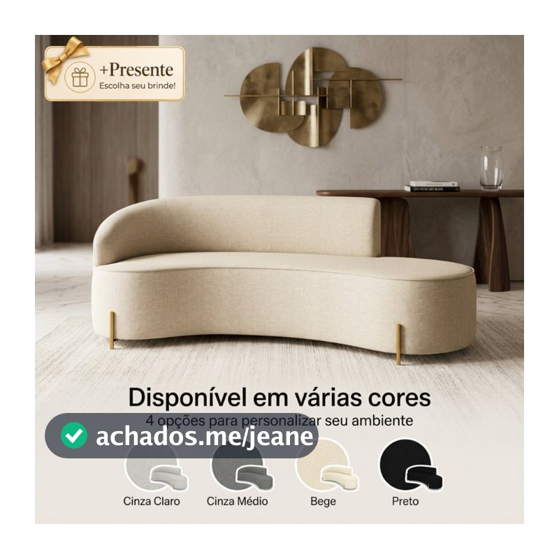 Sofá Orgânico Curvo 4 Lugares 220cm Morgan Linho Pés de Ferro Dourado para Sala de Estar