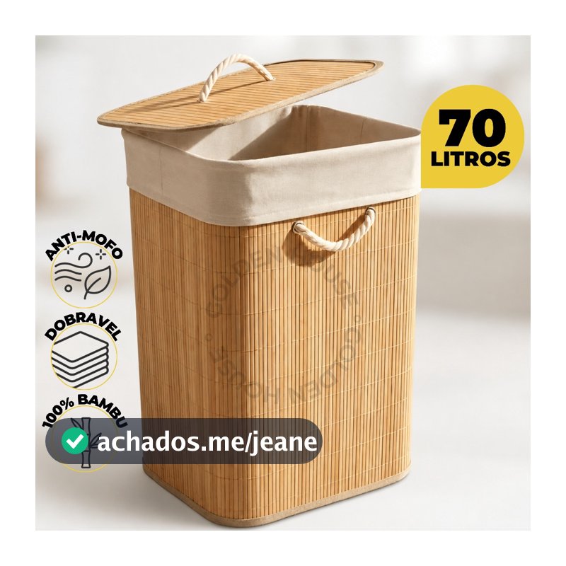 Cesto de Roupa Bambu 70L Multiuso Com Forro Dobrável Retangular Grande Com tampa e Alça