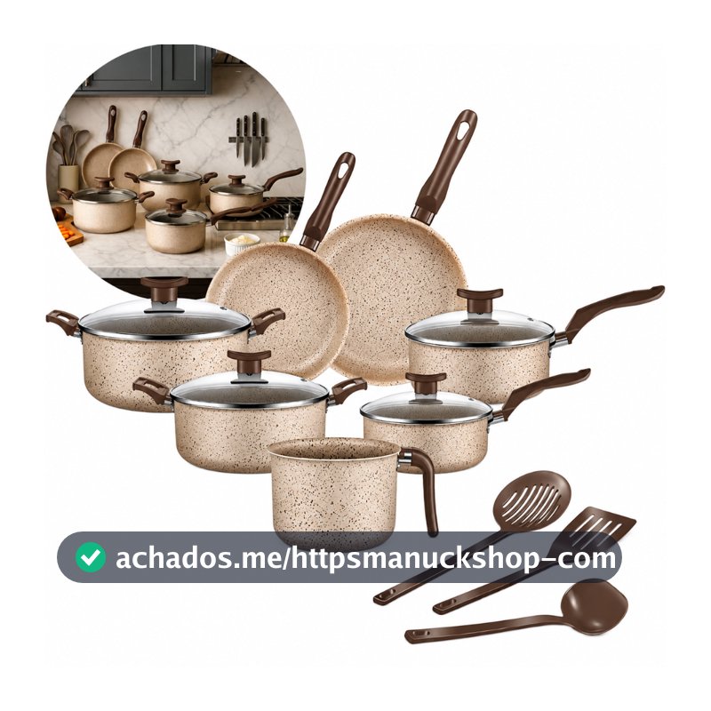 Jogo De Panelas 10 Peças Antiaderente Conjunto Frigideira Fervedor tampa de vidro Cor Coffee Cappuccino Kit Talheres