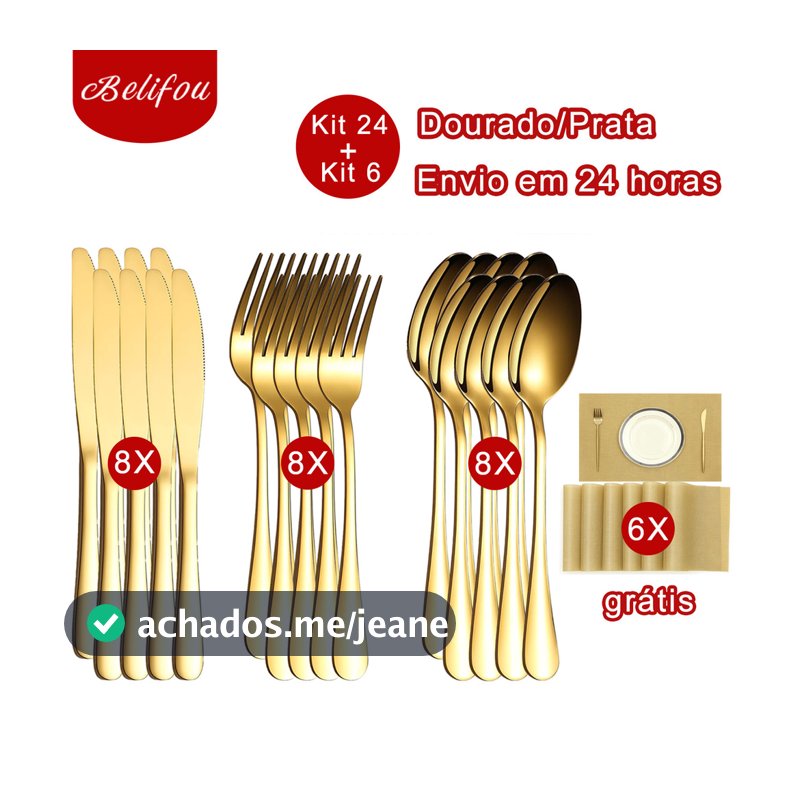 Belifou Kit 24 Conjunto de talheres para bife com jogo americano grátis Aço inoxidável 416 Prata