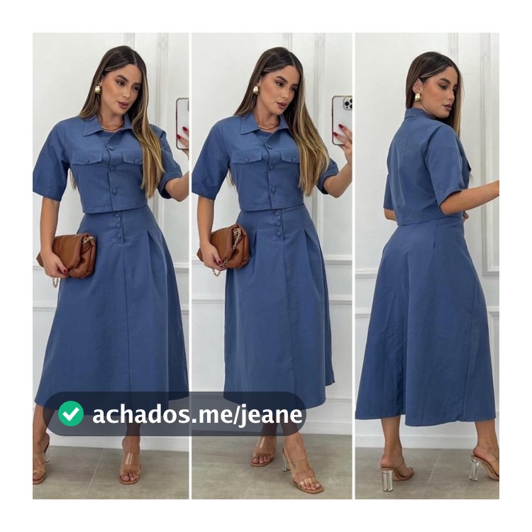 Conjunto Saia Midi Rodada Longa e Blusa Linho com Botões Moda evangélica