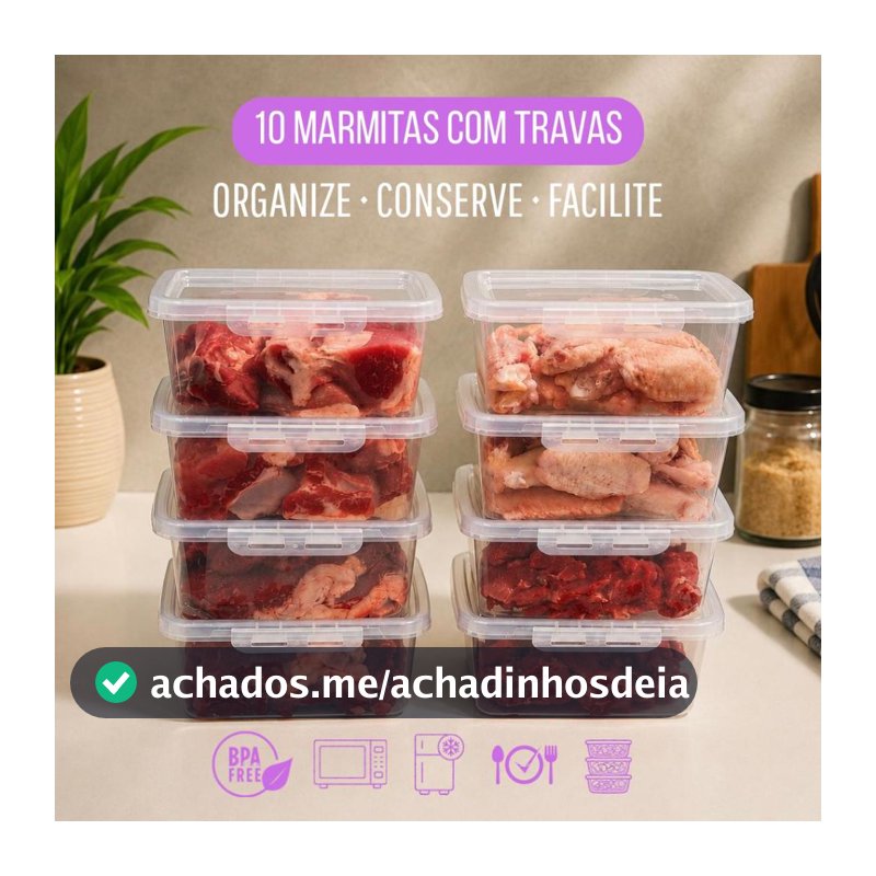 Kit 10 Potes Marmitas 900ml com Travas Laterais Congela Fácil BPA FREE Fitness Empilhavel Com  Tampa