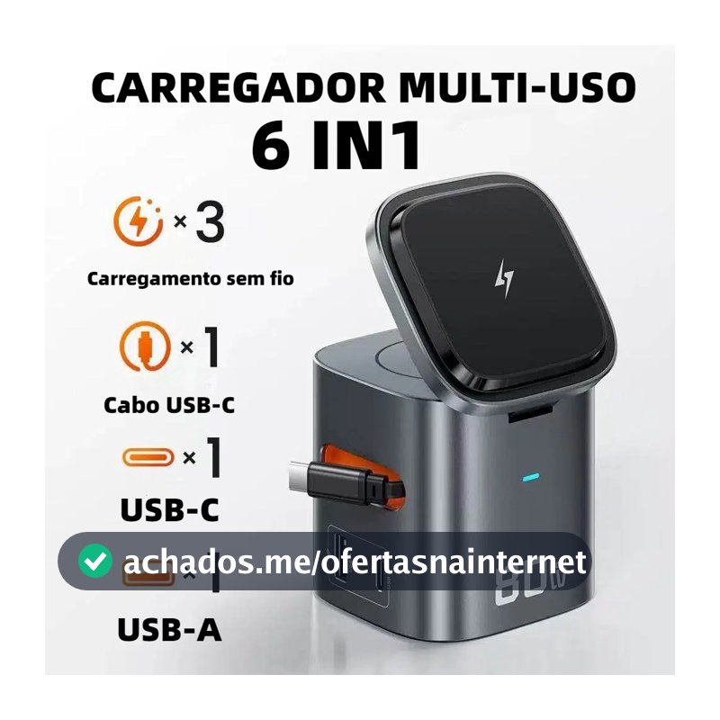 Carregador multi uso 6 em 1 Estação de carregamento magnética com cabo retrátil, carregamento super-rápido de 80 W N801