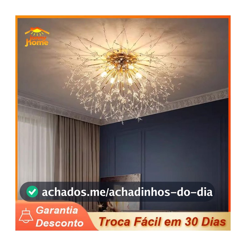 Lustre Pendente Cristal Dente De Leão Luxo Dourado 50cm +6 G9 lâmpada Luminária de Teto de sala e jantar quarto de estar