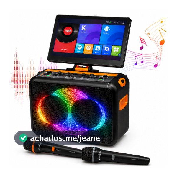 Caixa de Som Karaokê Portátil 26400mAh Sombox 160W RMS Android Tela Touch 14.1” 2 Microfones Sem Fio