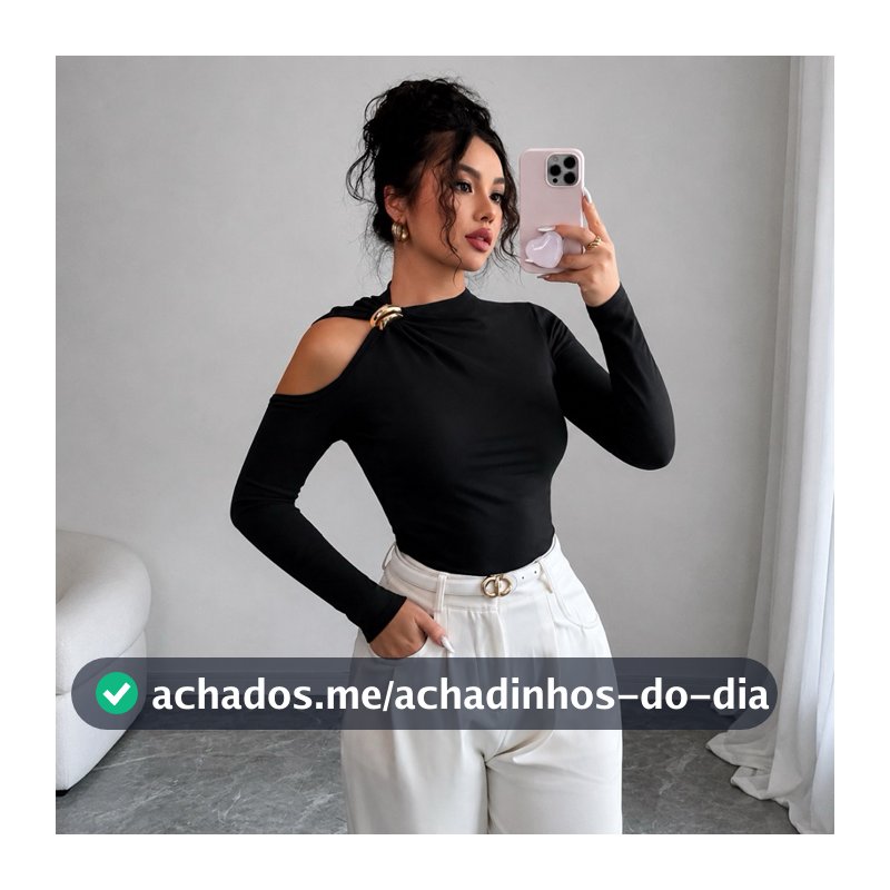 Blusa Feminina Ombro Vazado Manga Longa Com Fivela Dourada Blusa Feminina Elegante Inverno