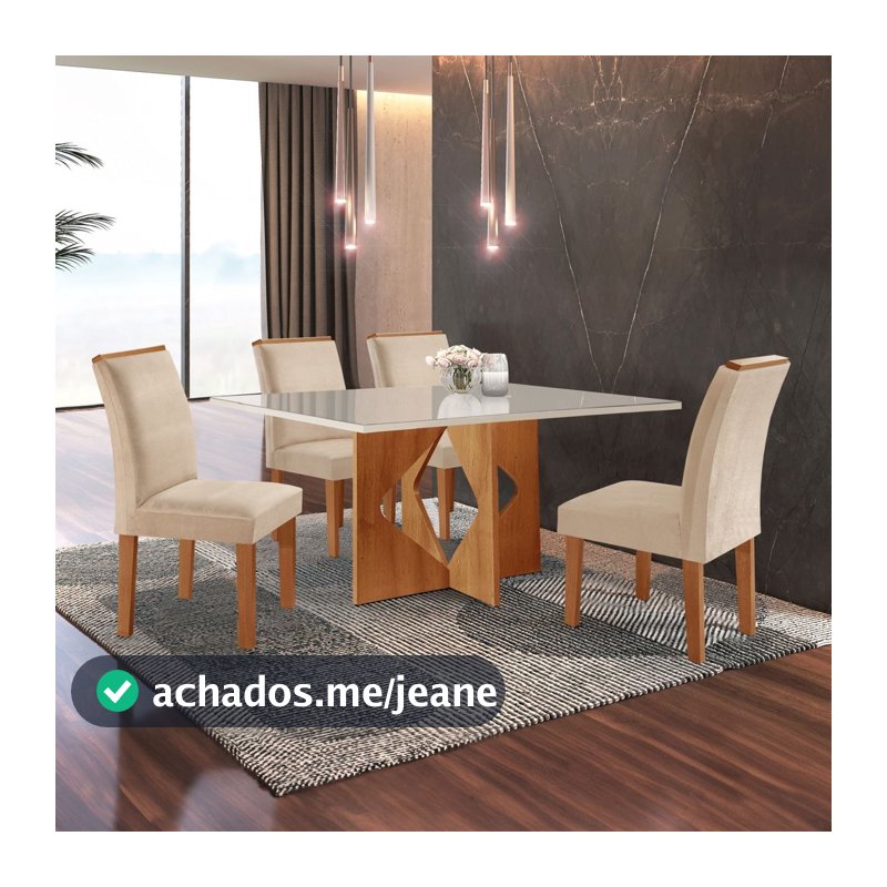 Conjunto Sala de Jantar Mesa Dakota Plus 120x80cm Tampo Vidro com 4 Cadeiras Laura Yescasa Cinamomo/Off White/Suede Pena