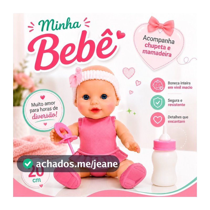 Boneca Bebê Elya em Vinil Rosa Macio 20cm com Chupeta e Mamadeira Infantil Brinquedo Educativo Presente para Meninas