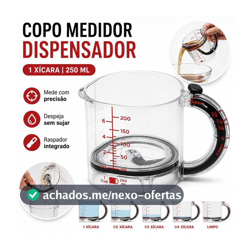 Copo Medidor Ajustável 4 em 1 de Acrílico Graduado Dosador Receita para Cozinha Copo de Medição C/ Raspador e Base 250ML