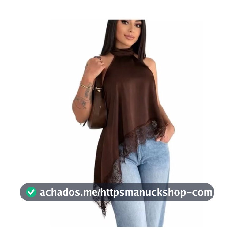 Blusa Feminina Gola Alta Assimétrica Frente Única Com Renda Bata Elegante Tendência Inverno