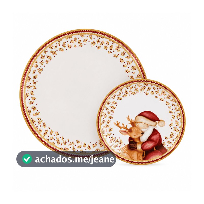 Pratos Natalinos Alleanza Cerâmica Prato Raso e Sobremesa Papai Noel Kit 2 Peças Mesa Posta Ceia de Natal