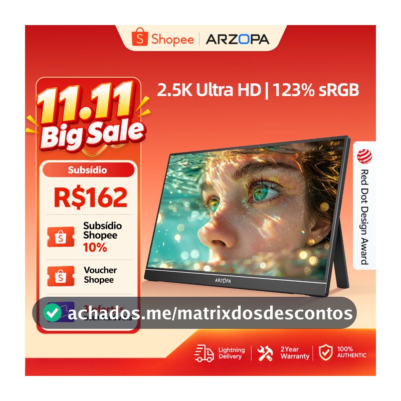 ARZOPA Z1RC , Monitor Portátil 2.5K De 16 " De Suporte 2560x1600 HDR Laptop HDMI QHD USB-C De 500 Litros E 8 Bits , Tela