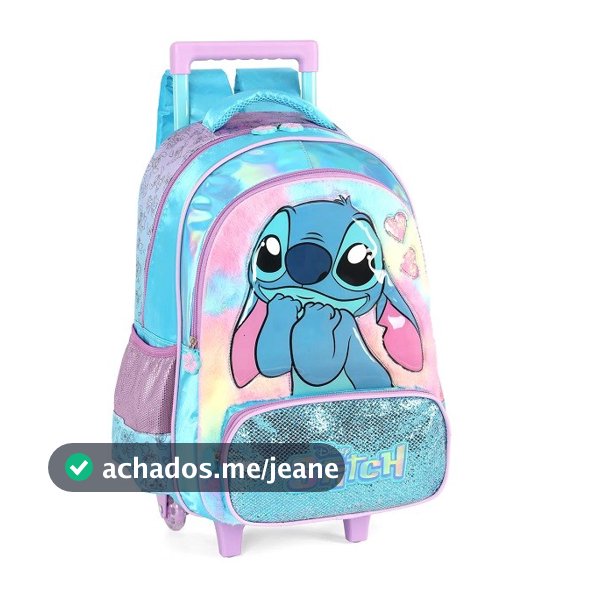 Mochila Escolar de Rodinhas Infantil STITCH Peluciada Disney Azul