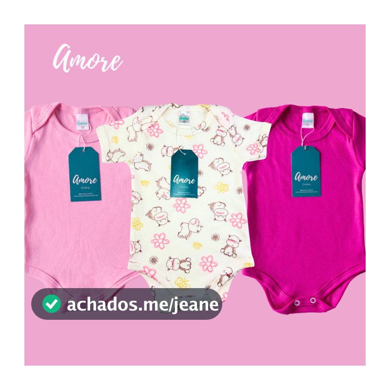 3 Bodys Manga Curta Amore Menina - Suedine 100% Algodão