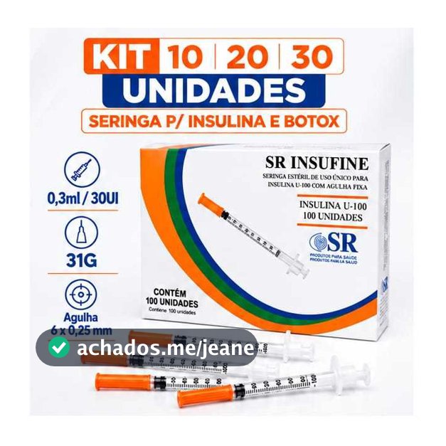 Seringa P/ Insulina e Botox 0,3ml 30UI Agulha 6x0,25 31G SR 10 a 30 Un