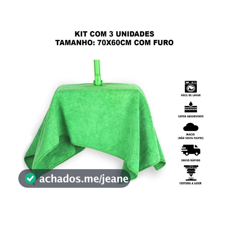 Kit 3 Panos de Chão Microfibra 70x60cm Furo para Rodo Dupla Camada