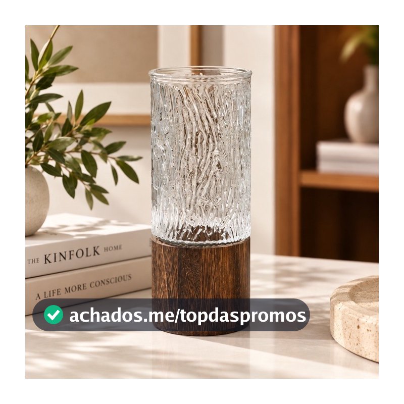 Vaso Decorativo de Vidro e Madeira Texturizado com Base 25cm para Flores e Arranjos