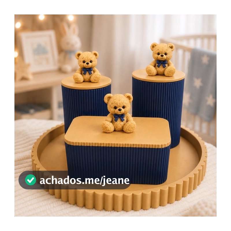 Kit Higiene Bebê  Personalizado | Porta Algodão, Porta Cotonete e Bandeja | Ursinho | Decoração Quarto Infantil