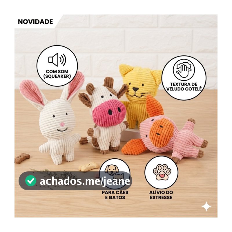 Brinquedo Pet Mordedor Pelúcia com Som Resistente Veludo Cotelê p/ Cães e Gatos Animais Fofos Interativo Antiestresse