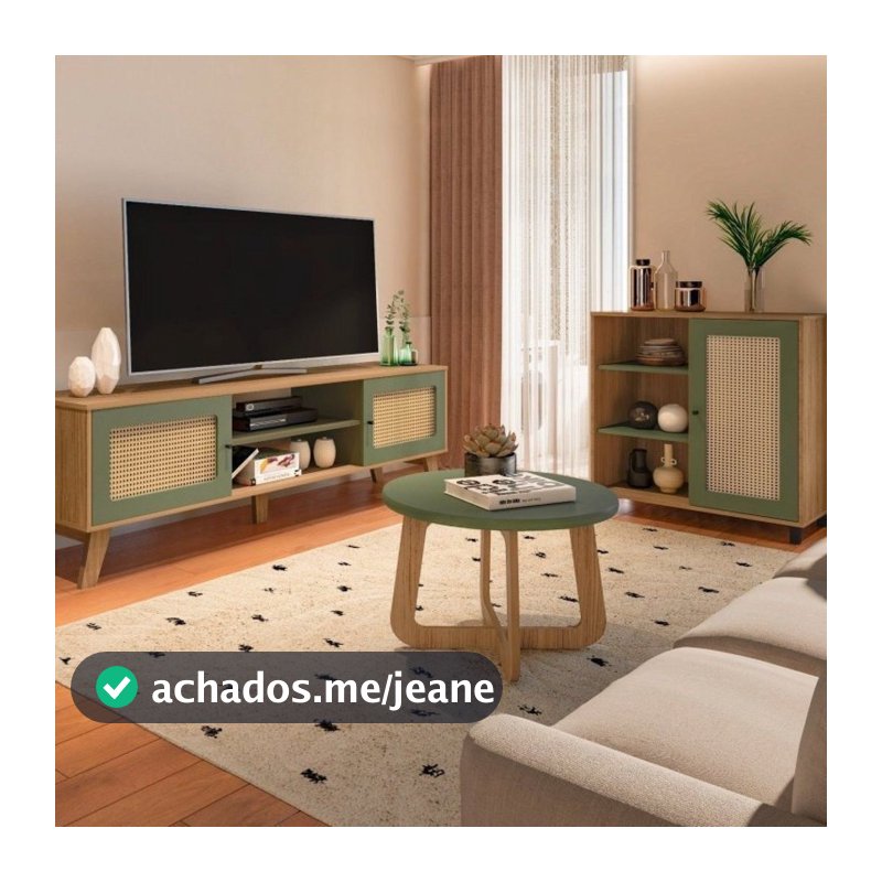 Kit 3 Peças com Rack para TV até 75 Polegadas 100% MDF, Buffet e Mesa de Centro Memphis Verde Carvalho/Menta