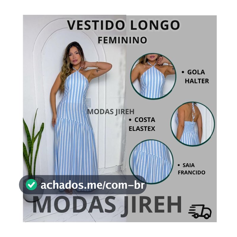 Vestido Longo Feminino Viscolino  Listrado Gola Halter Elegante Acinturado Casual Festa Moda Feminina