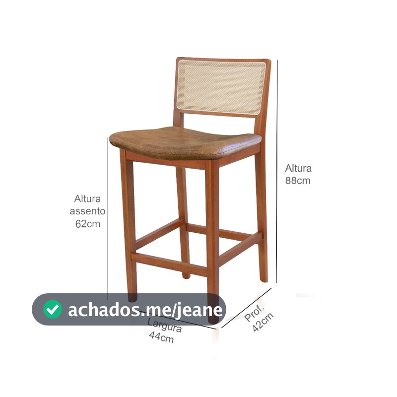 Banqueta para Ilha Média/Baixa Madeira Maciça com Encosto Telinha Estofado Linho ou Corino Caramelo