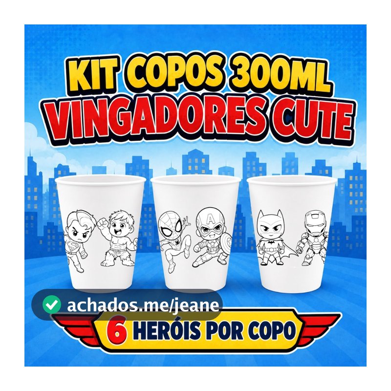 Kit 10 a 50 Copos 300ml - Super Heróis Cute - Para Colorir Festa Infantil Lembrancinha Aniversário Baby 🦸