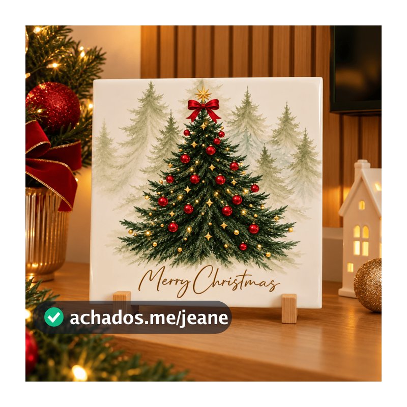 Azulejo Decorativo de Natal Merry Christmas com Árvore Natalina | Enfeite de Natal com Suporte