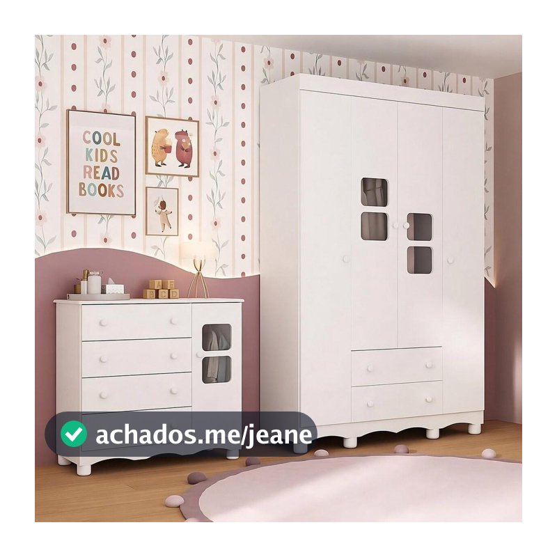 Quarto de Bebê Completo com Guarda-Roupas 4 Portas e Cômoda Luna Multimóveis MP4794