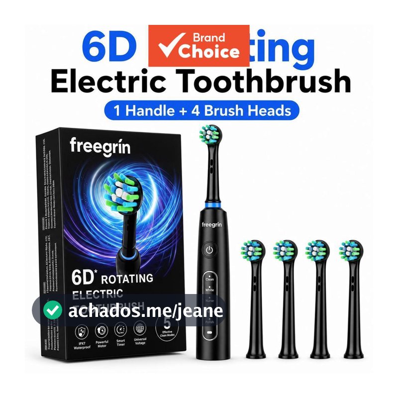 Escova de dentes elétrica Freegrin 6D rotativa, 5 modos de limpeza, temporizador de 2 minutos, 4 cabeças de escova,