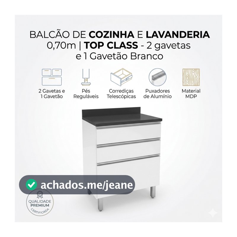 Balcão De Cozinha E Lavanderia 0,70m Top Class 2 gavetas 1 Gavetão Branco