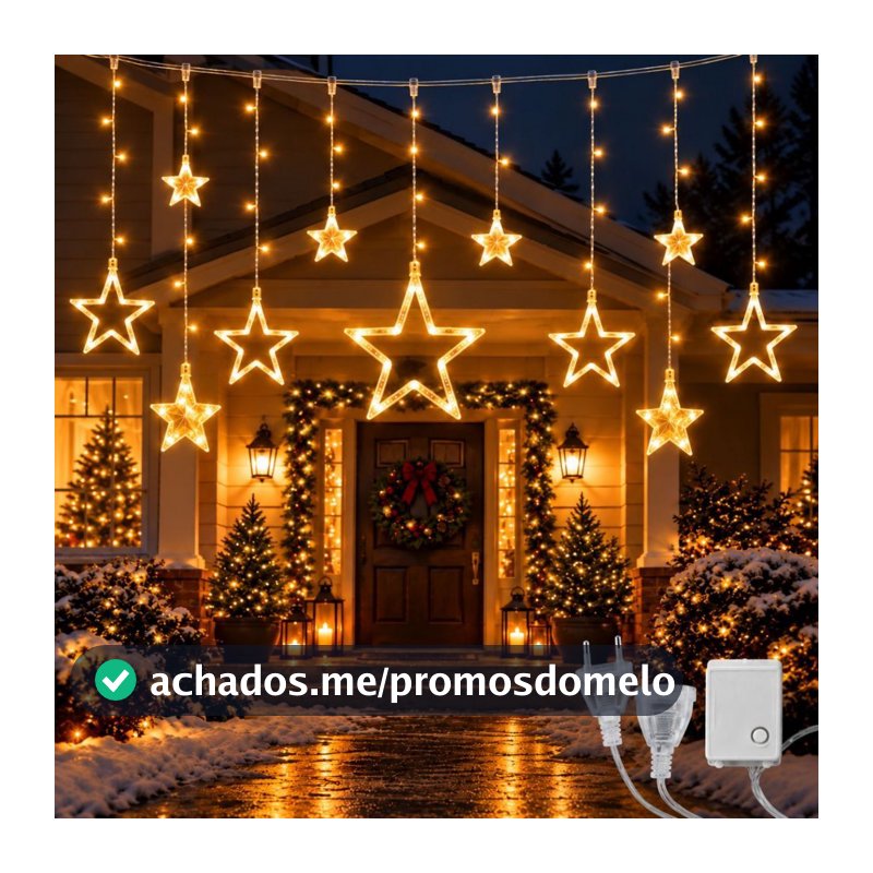 Pisca Pisca Cascata Natal Cortina LED Estrelas 8 Modos Luz Quente Decoração Natalina Festa 3 Metros 8 Modo Festa