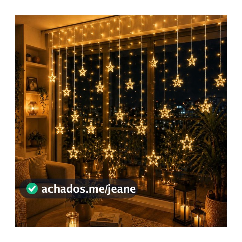 Cascata de Natal Estrelas Bivolt Leds com 8 Funções em cores Branco Quente e Pisca Pisca