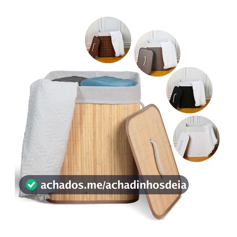 Cesto de Roupa Suja Bambu Com Tampa e Alças 50 Litros Grande Organizador Multiuso