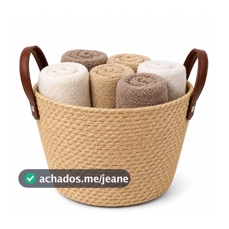 Cesto Organizador Fibra Natural Mocca Redondo 24cm C/ Alça Couro