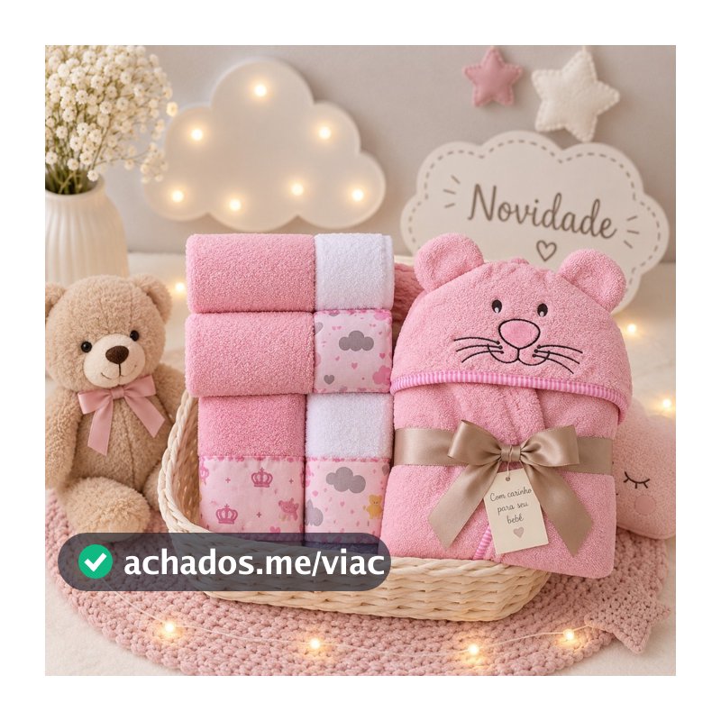 Kit Enxoval Bebê Toalha com Capuz Bordado + 5 Toalhinhas Boca Ombro Felpudas