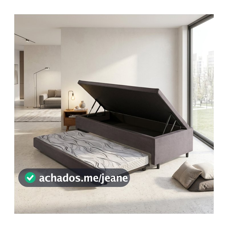 Bicama Box Baú Solteiro 88x188 Suede Cinza e Colchão Auxiliar