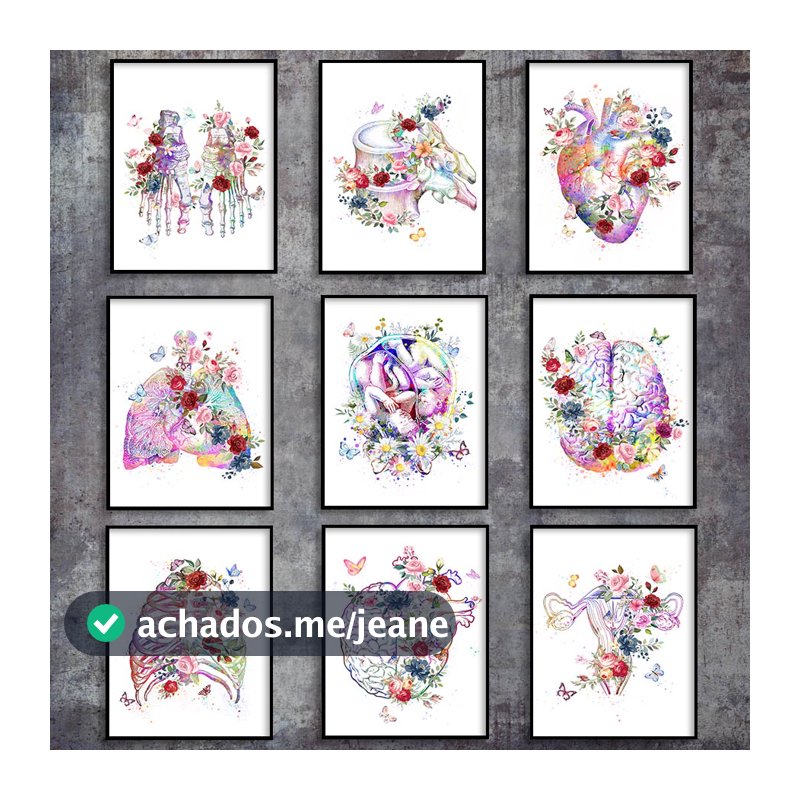 Quadro decorativo anatomia flor pé osso cérebro coração esqueleto órgão completo broca ponto cruz mosaico presente médico Clinica medica