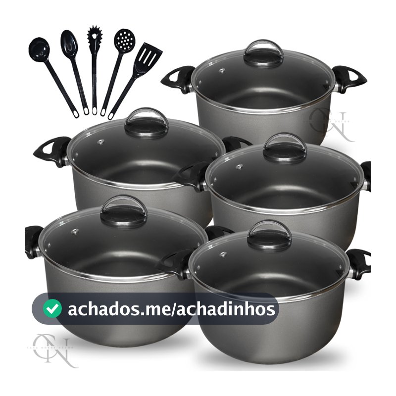 Kit Jogo de Panelas 10 peças Caçarolas Antiaderente Teflon com Tampa Vidro e Utensílios