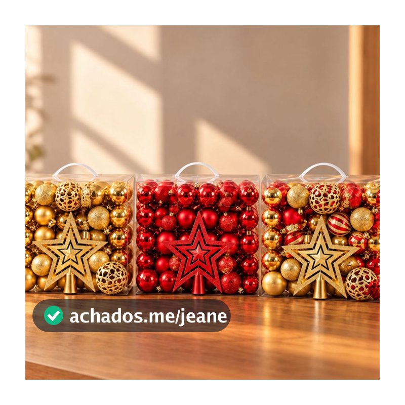 Kit 100 Bolas Natal Com Estrela Ponteira Decoração Enfeite Árvore Mista Fosca Lisa Vermelha Dourada
