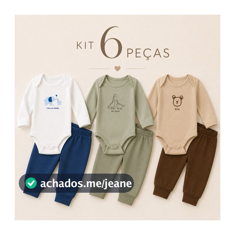 Kit Minimalista 6 Peças Body Bebê Manga Longa e Calça - Menino do RN ao GG