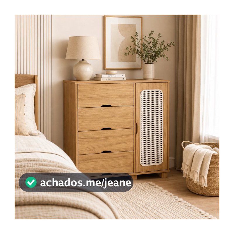 Cômoda Organizadora Clara em MDF com 4 Gavetas e Porta Lateral 2 nichos com Palhinha