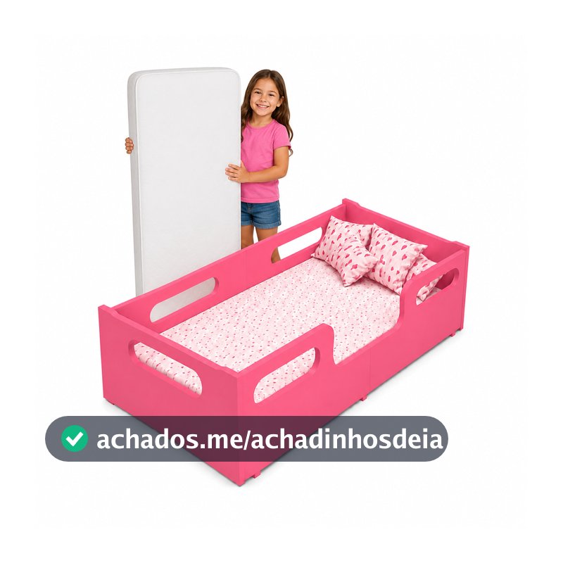 Cama Encanto Rosa + Colchão Montessoriana Infantil Segura Grade Proteção Quarto Da Criança Juvenil Moderna Resistente